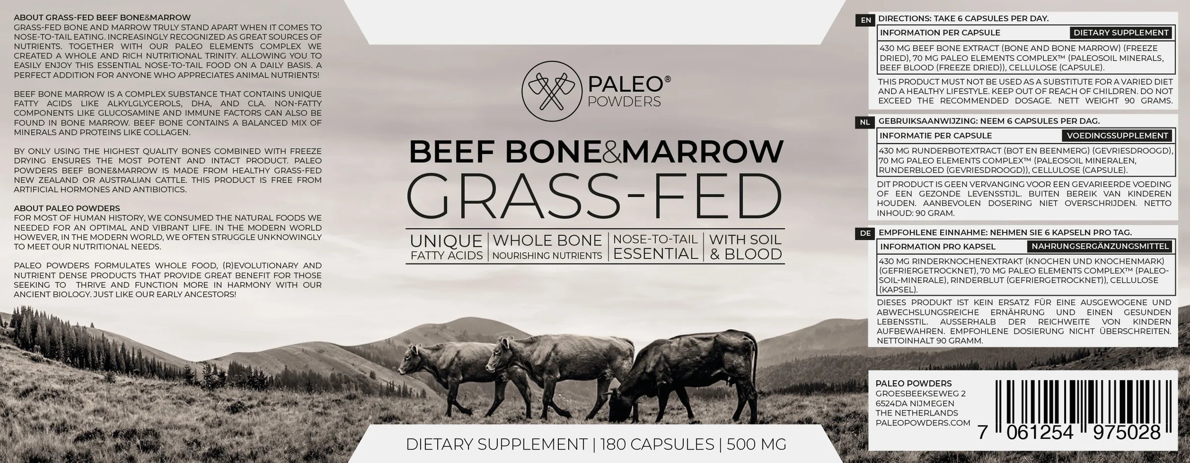 PALEO POWDERS - Goveji Kostni Mozeg (Pašna reja), 180 Kapsul