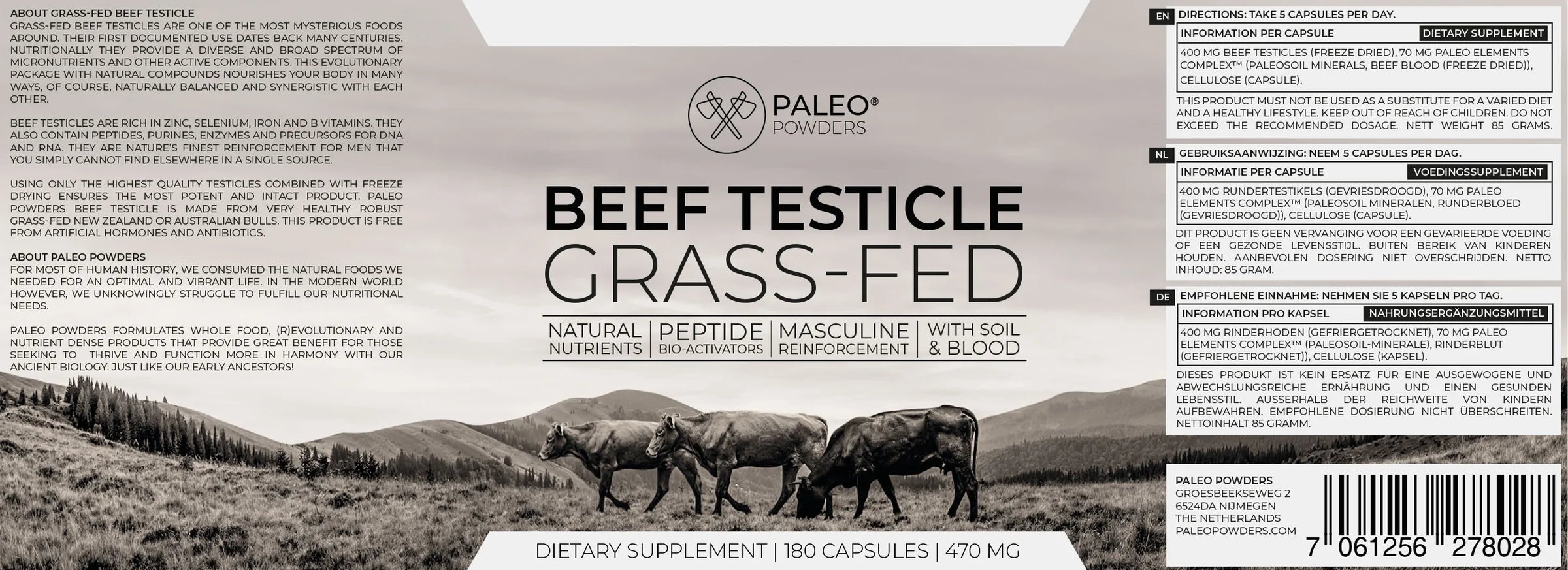 PALEO POWDERS - Beef Testicles (Pašna reja), 180 Kapsul