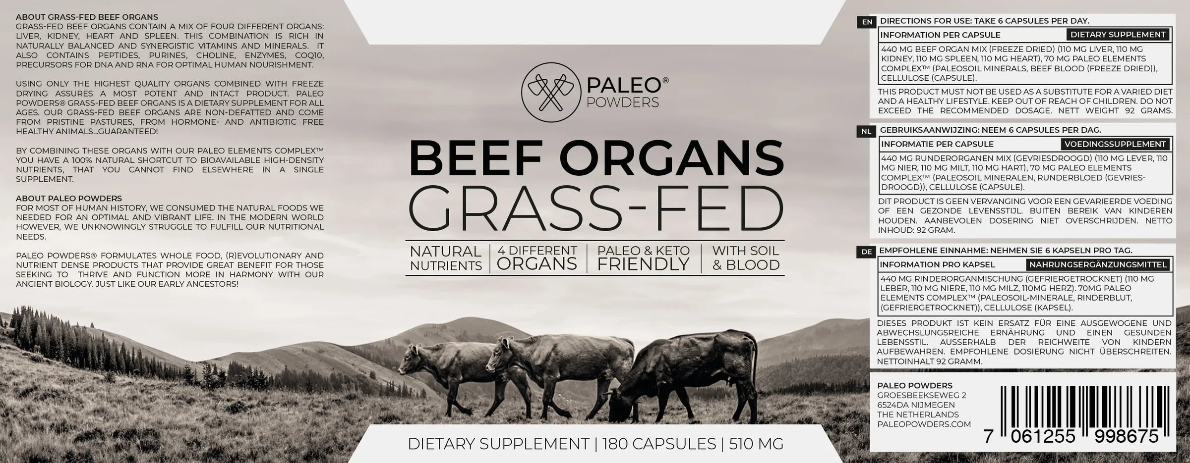 PALEO POWDERS - Beef Organs (Pašna reja), 180 Kapsul